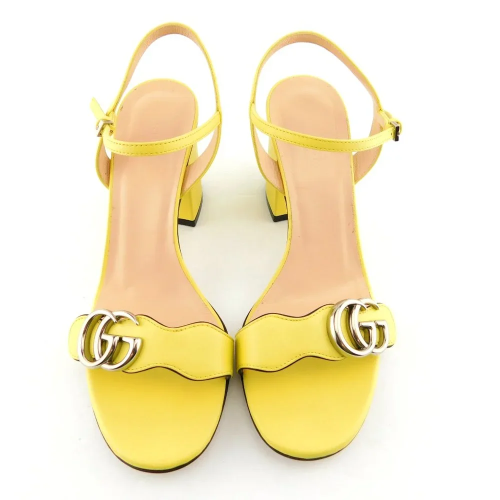 GUCCI GG Logo Sunflower Yellow Leather Ankle Strap Block Heel Sandals 38 - Picture 3 of 11